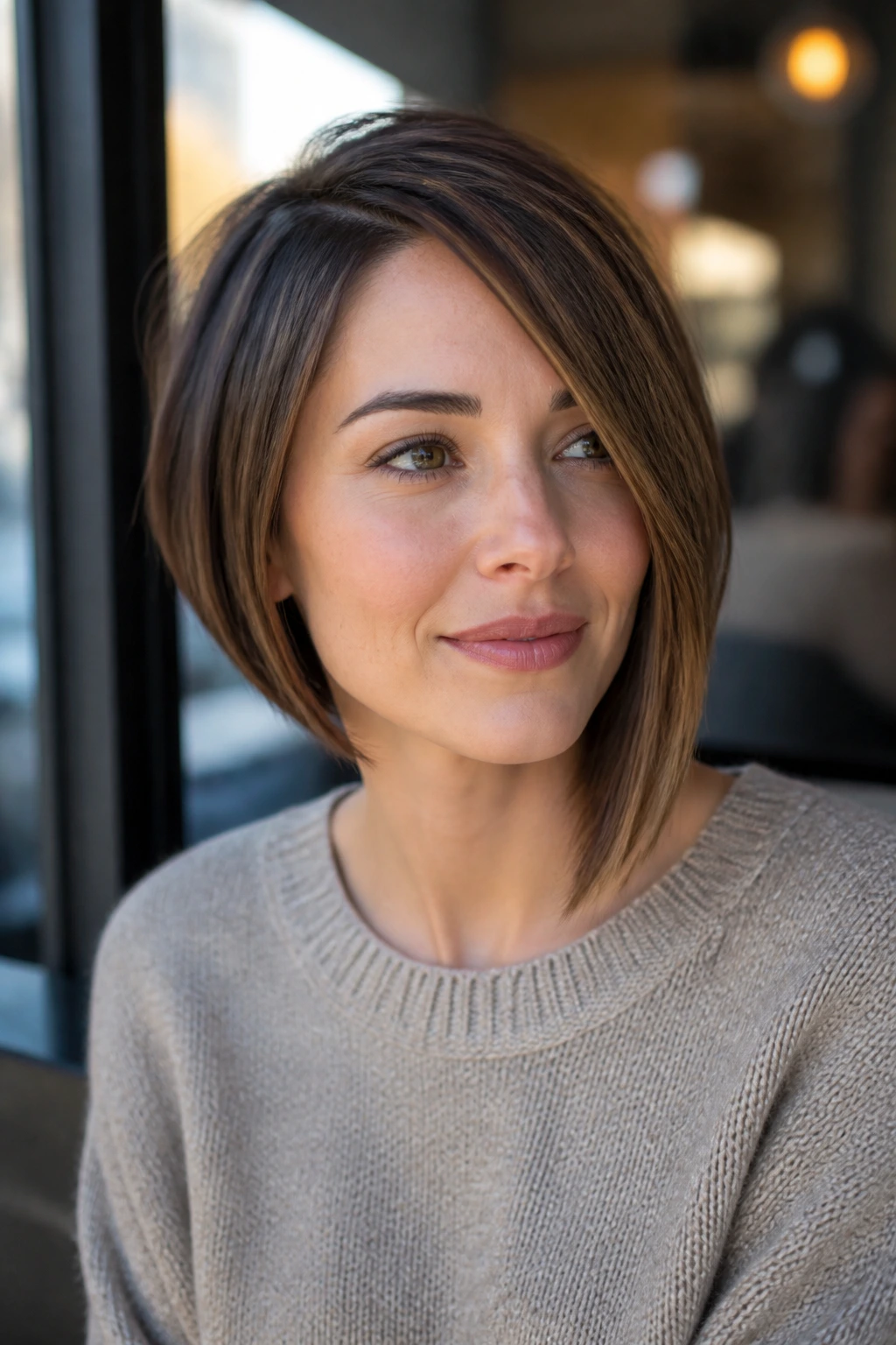 Three-quarter view of a woman with an asymmetrical bob, longer on one side, showing built-in movement