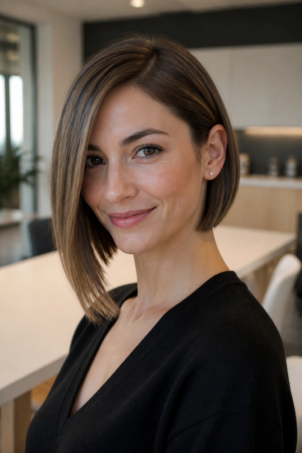 Close-up of a real woman with an asymmetrical bob in a bright office setting