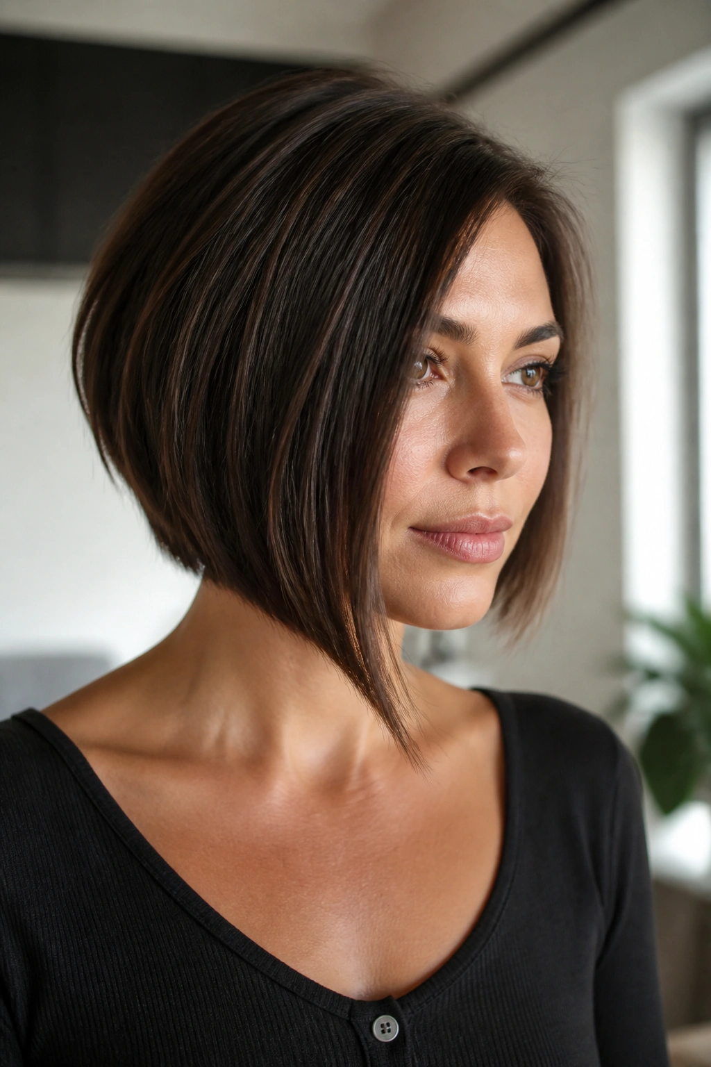 Real woman with a subtle asymmetrical bob showing one longer side