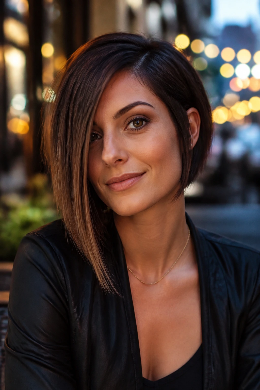 Portrait of a real woman with an asymmetrical bob, one side longer and edgy