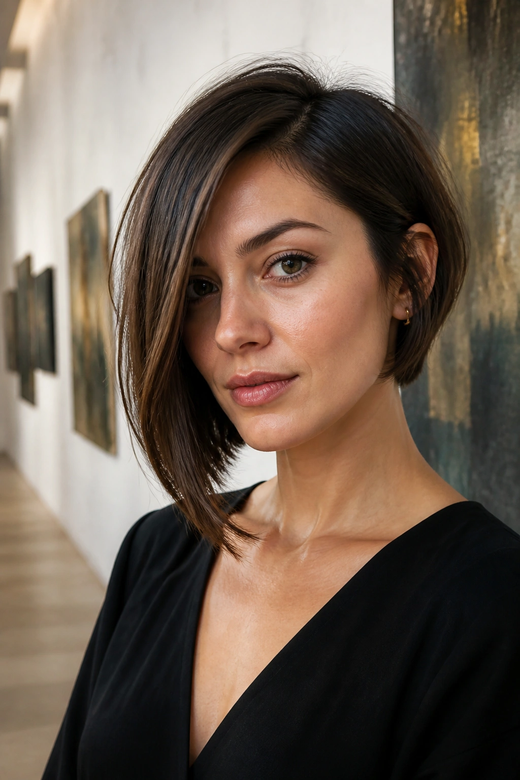 Portrait of a real woman with an asymmetrical bob in art gallery setting