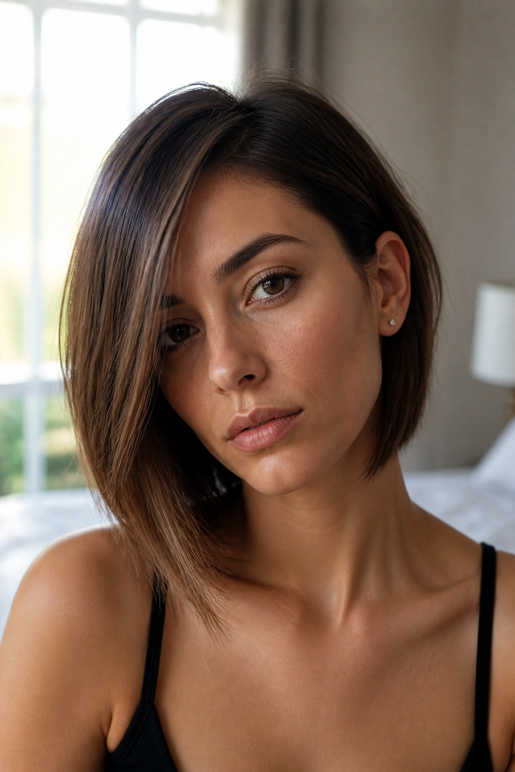 Close-up portrait of a real woman with an asymmetrical bob, one side longer and tucked behind the ear, natural window light.