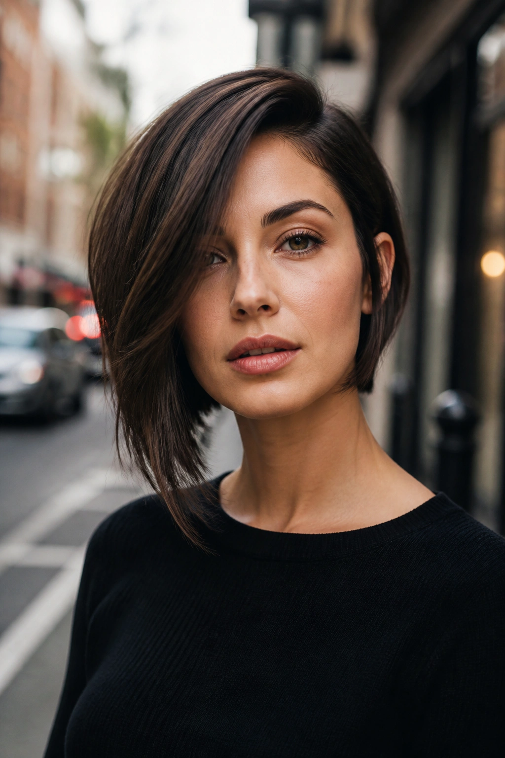 Real woman with an asymmetrical bob on a city street