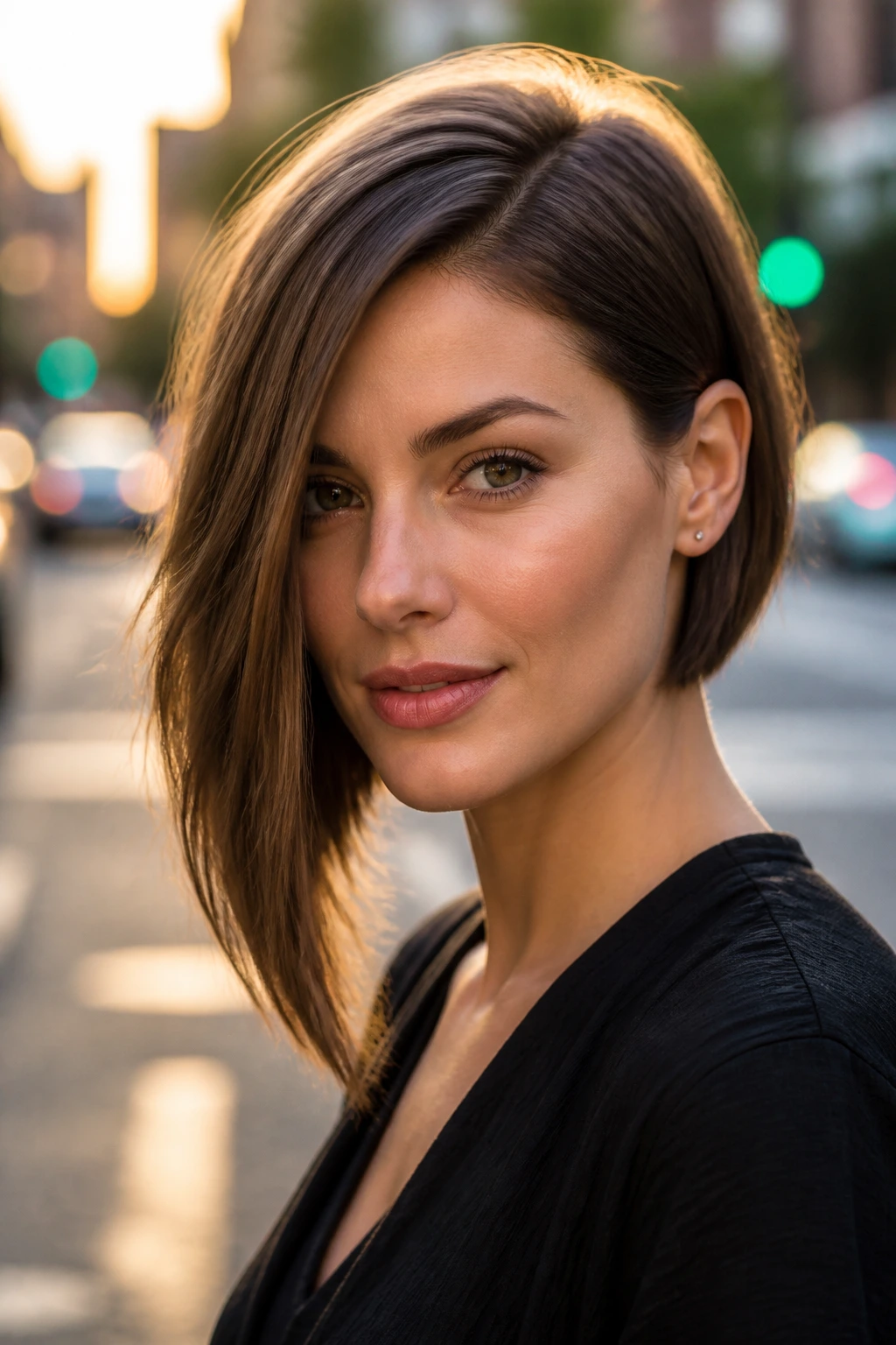 Close-up of real woman with asymmetrical bob in urban light