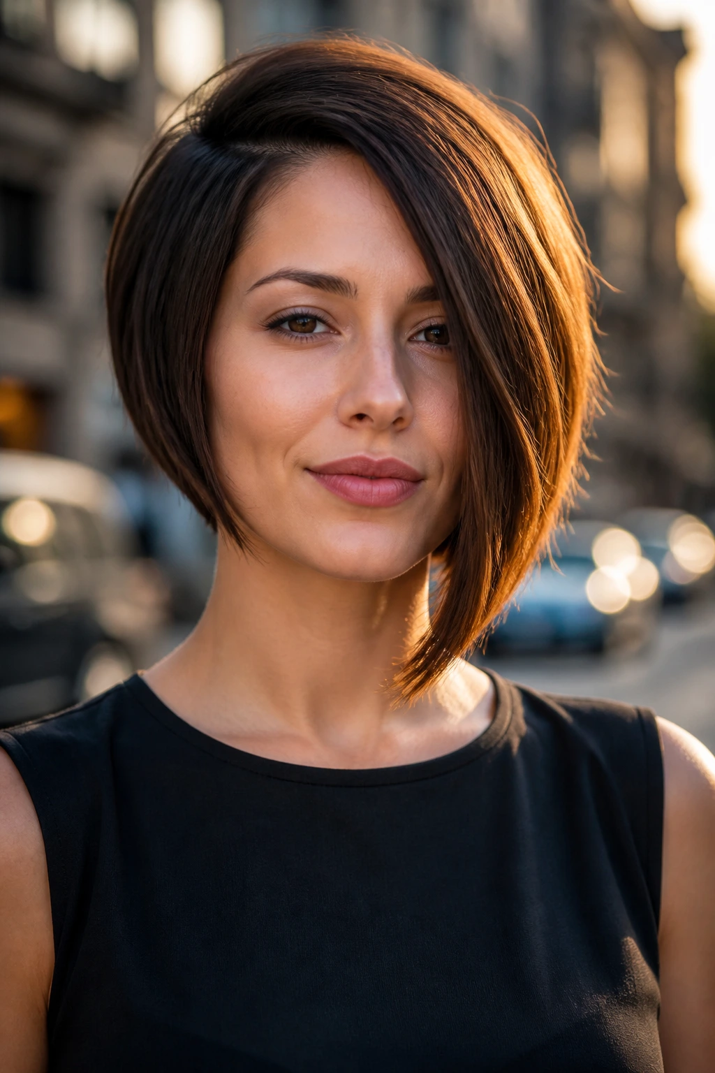 Portrait of a woman with an asymmetrical bob showing subtle length difference