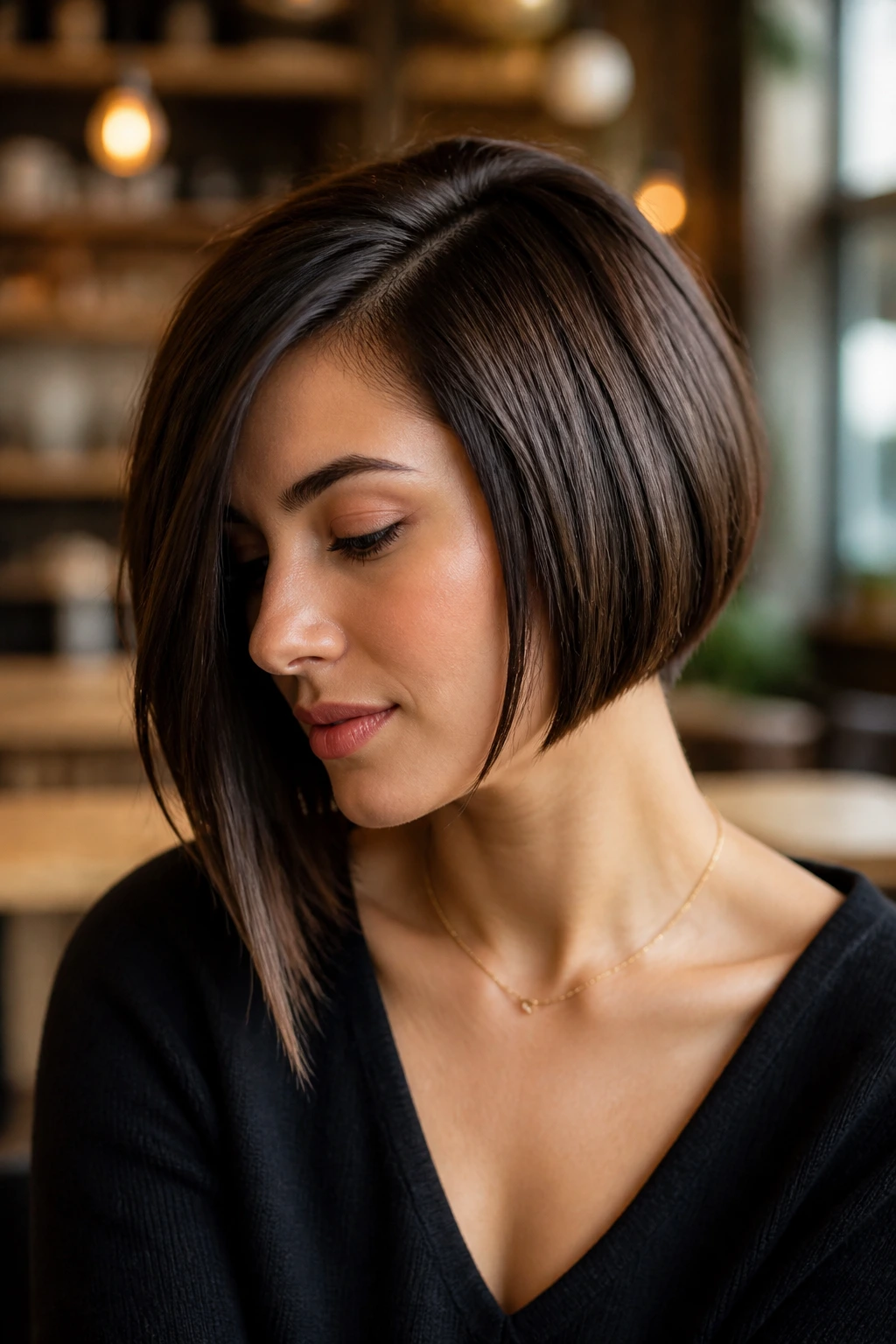 Close-up of a real woman with an asymmetrical bob hairstyle