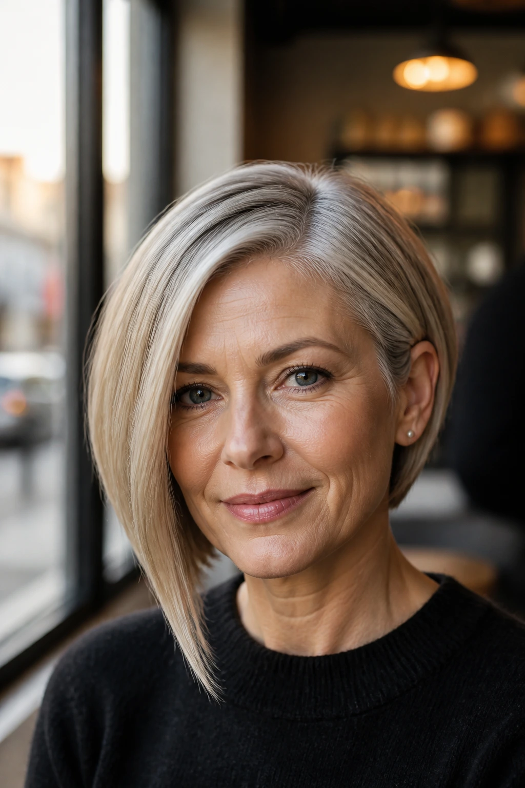 Close-up portrait of a real woman with an asymmetrical bob, one side longer, in a sunlit cafe setting.