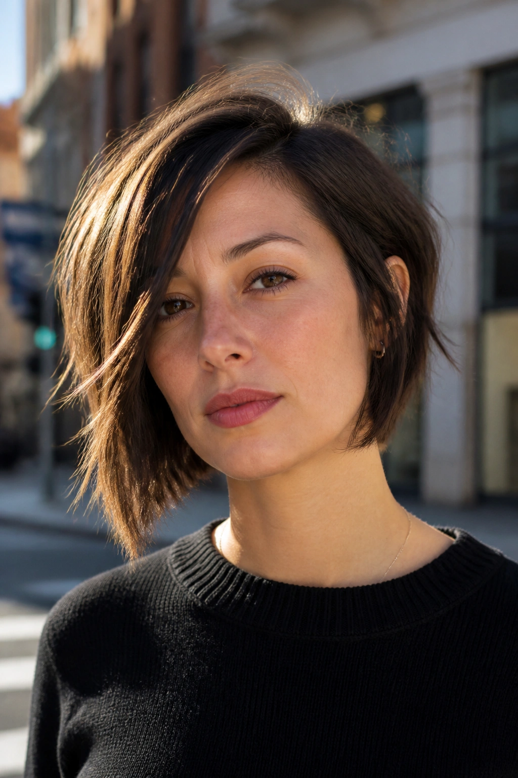Portrait of a real woman with an asymmetrical choppy bob, longer side, natural light.