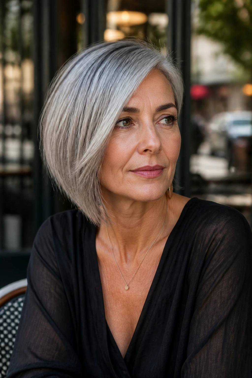 Portrait of a real woman wearing an asymmetrical bob with a longer side visible in daylight outside a cafe.