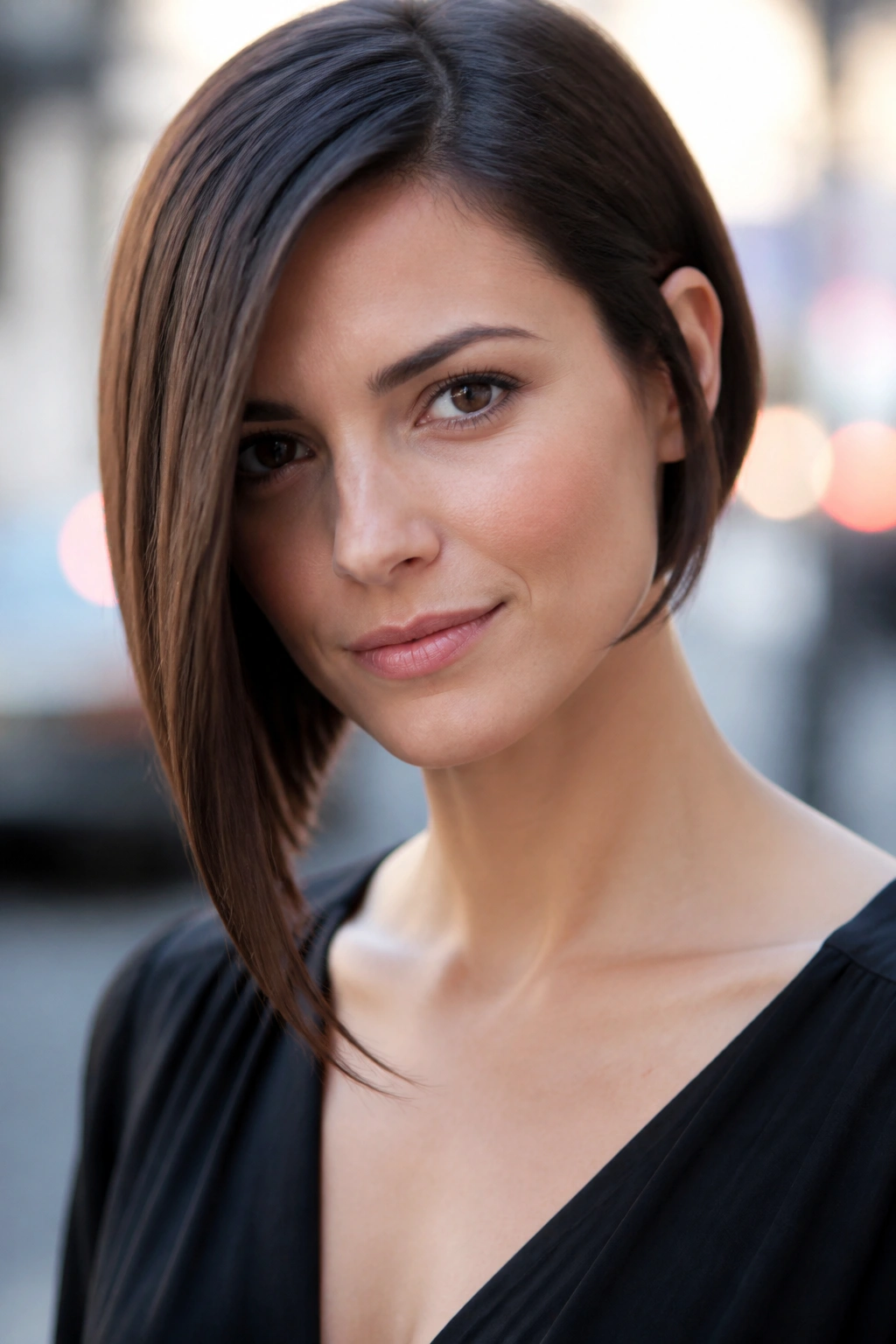 Close-up portrait of a real woman with an asymmetrical bob outdoors