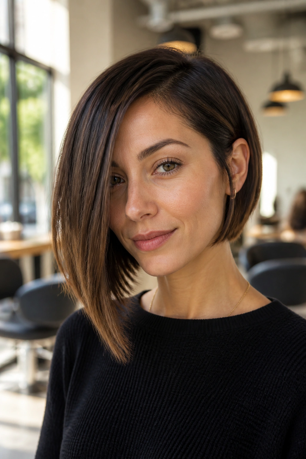 Close-up portrait of a real woman with an asymmetrical bob and off-center length difference