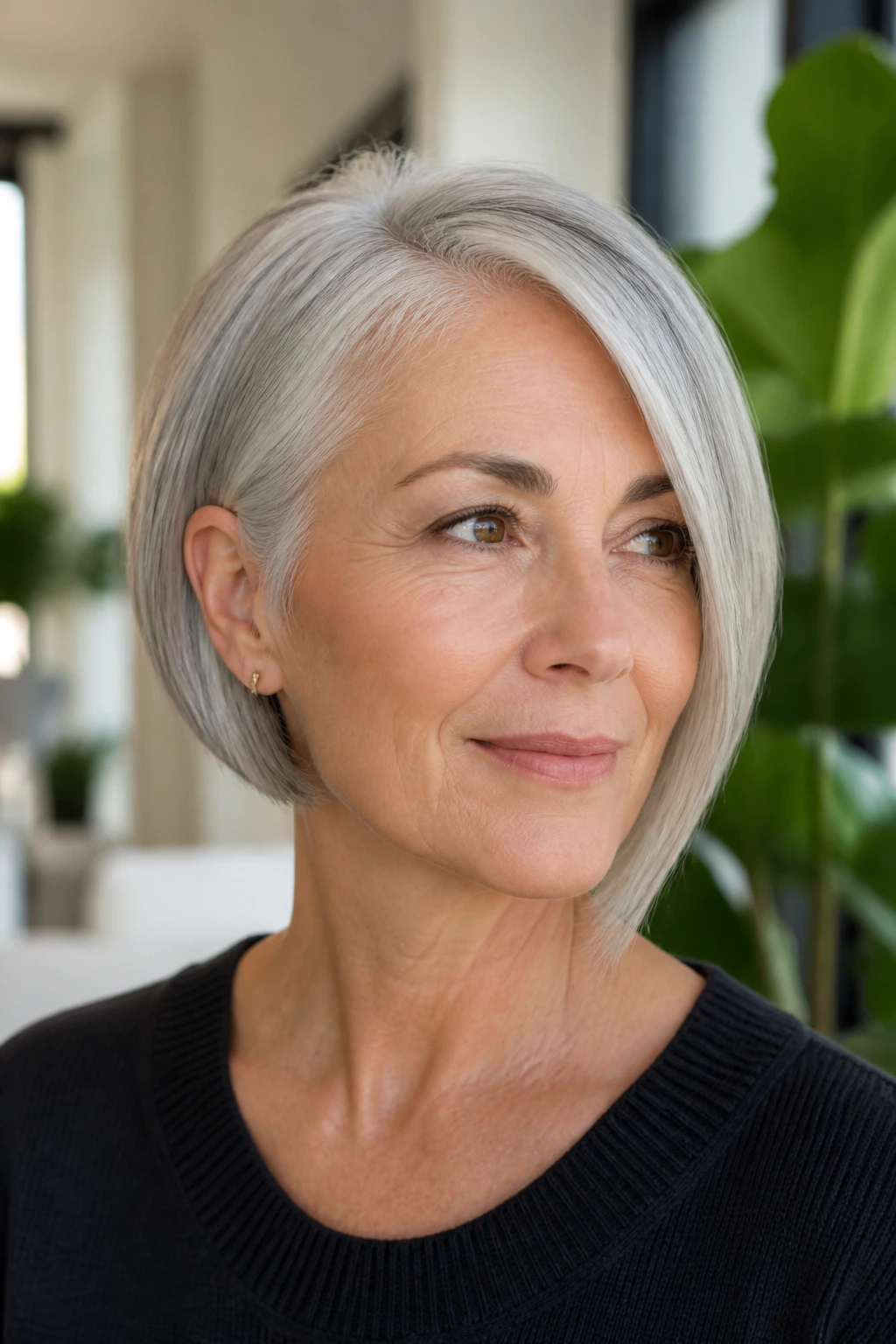 Portrait of a real woman with an asymmetrical bob hairstyle
