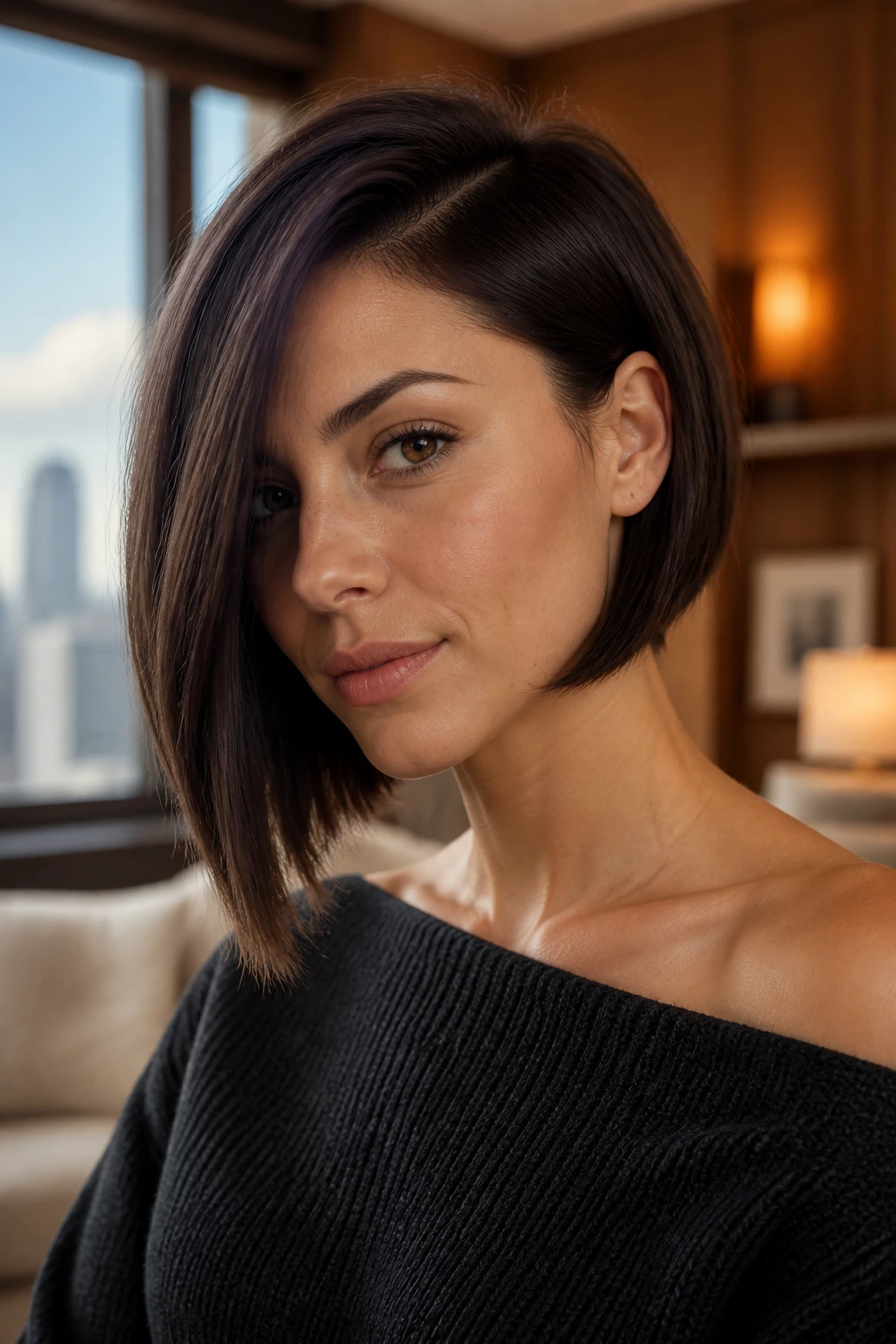 Close-up of a real woman with an asymmetrical bob hairstyle in a sunlit room
