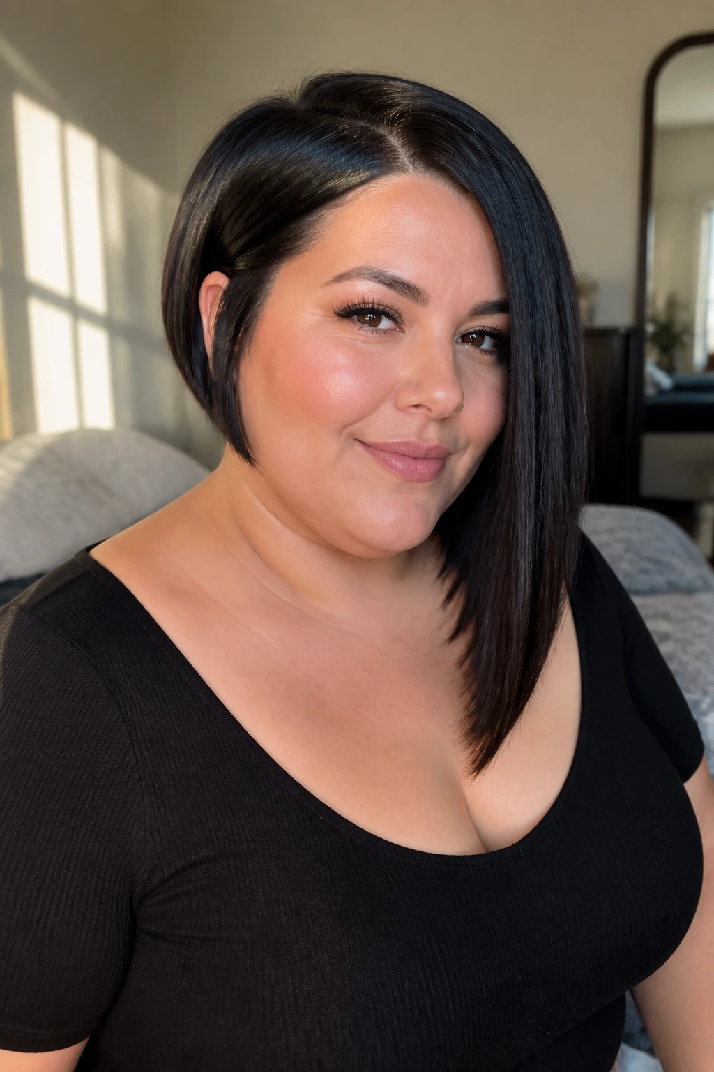 Close-up portrait of a real woman with an asymmetrical angled bob