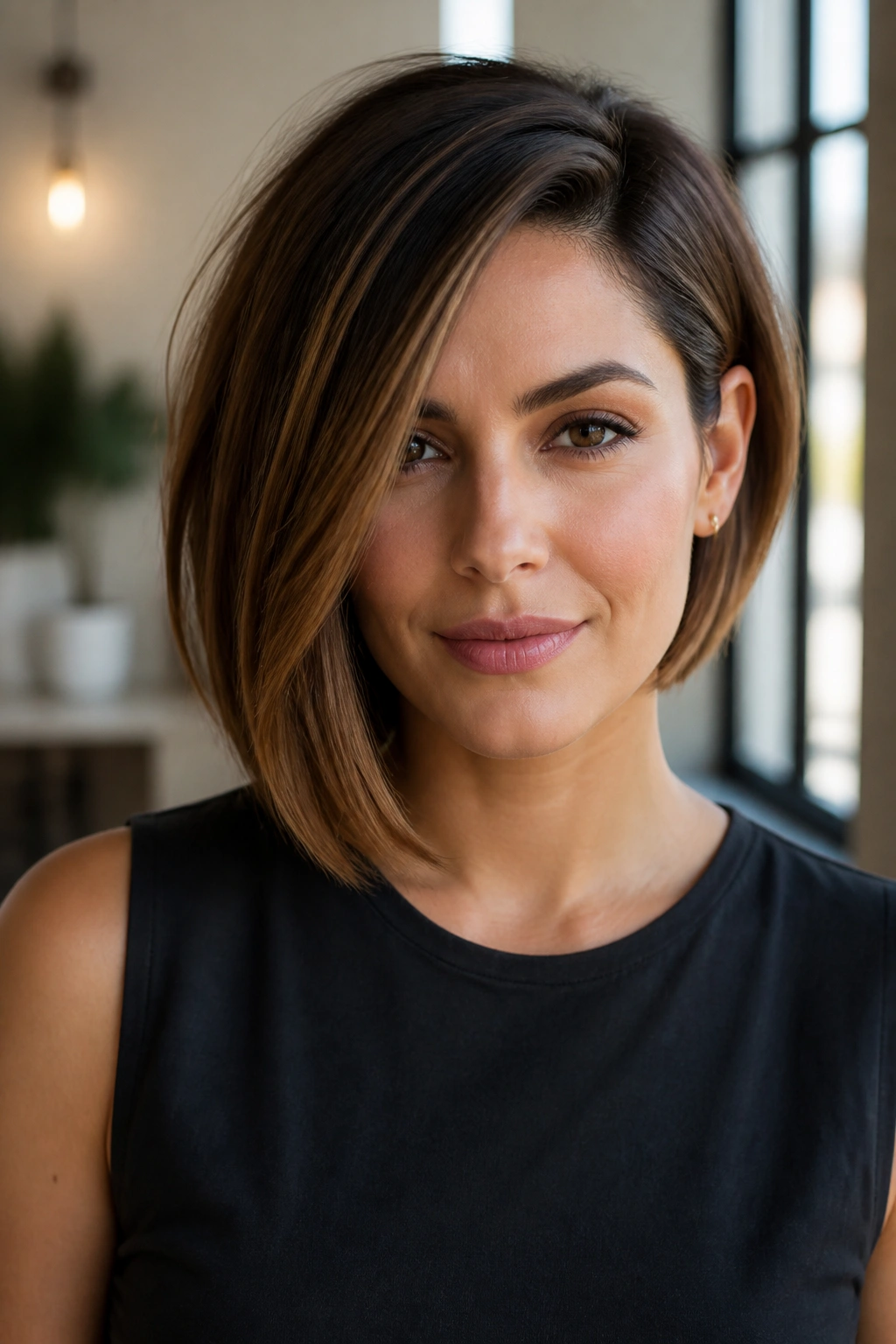 Close-up portrait of a woman with an asymmetrical bob showing diagonal hair length