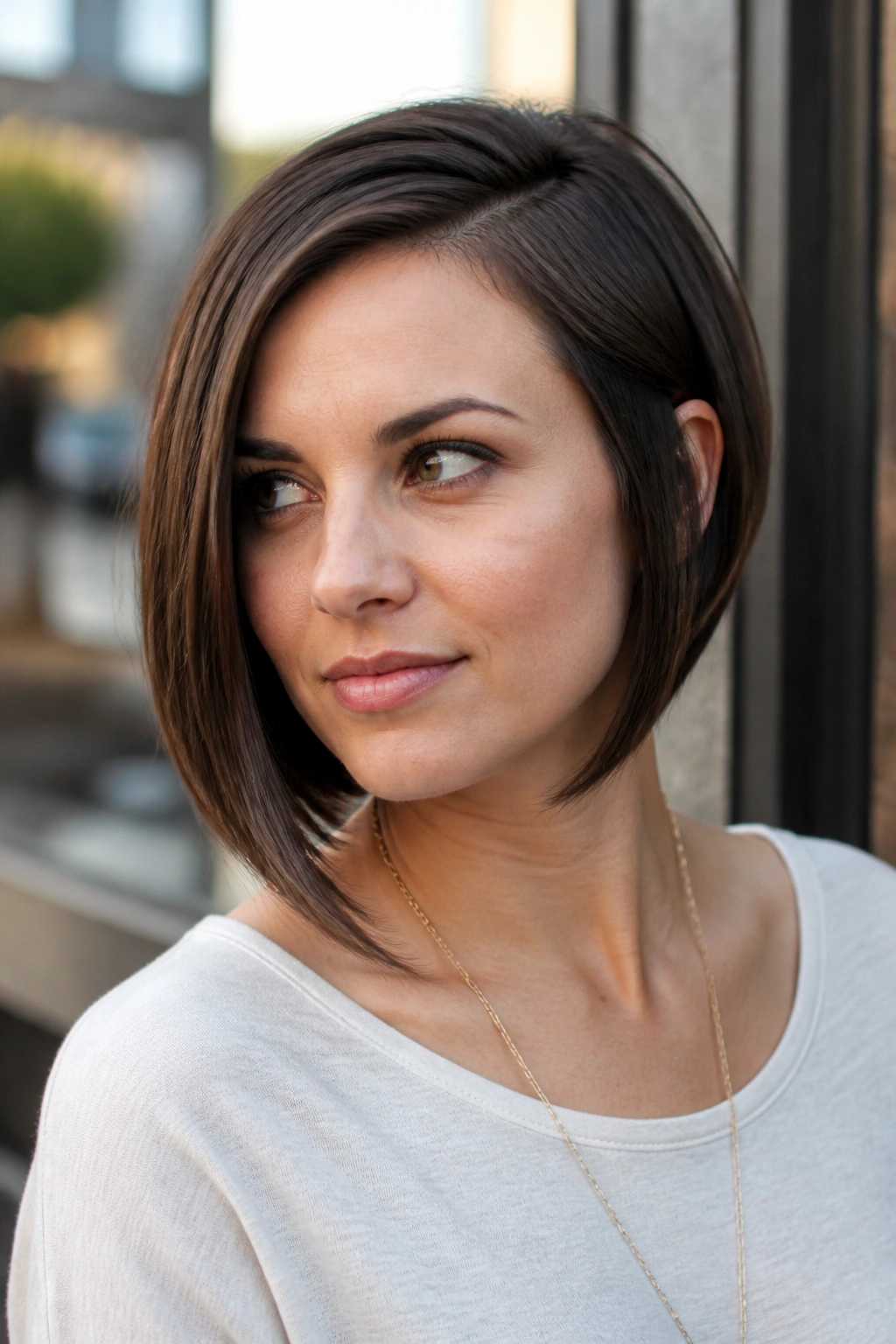 Close-up portrait of a real woman with asymmetrical bob for round face