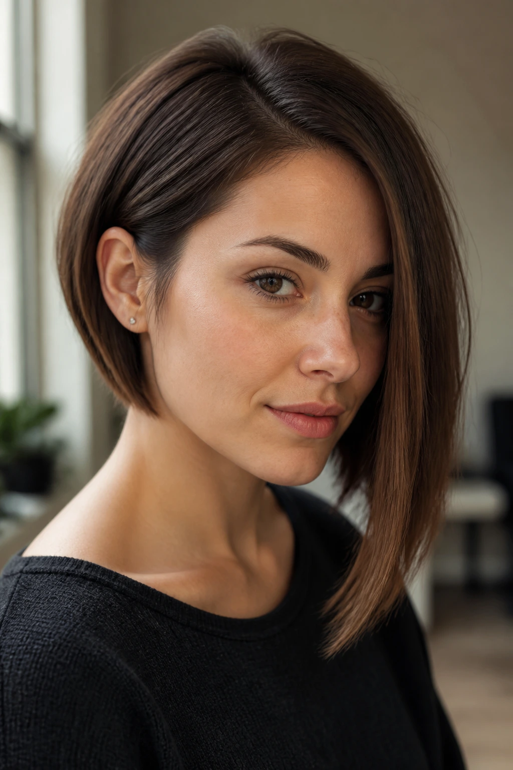 Close-up of a real woman with an asymmetrical bob, one side longer, soft window light.