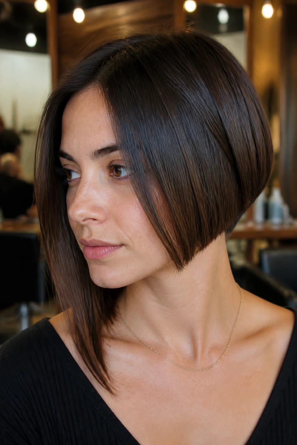 Close-up portrait of a real woman with an asymmetrical bob, one side longer