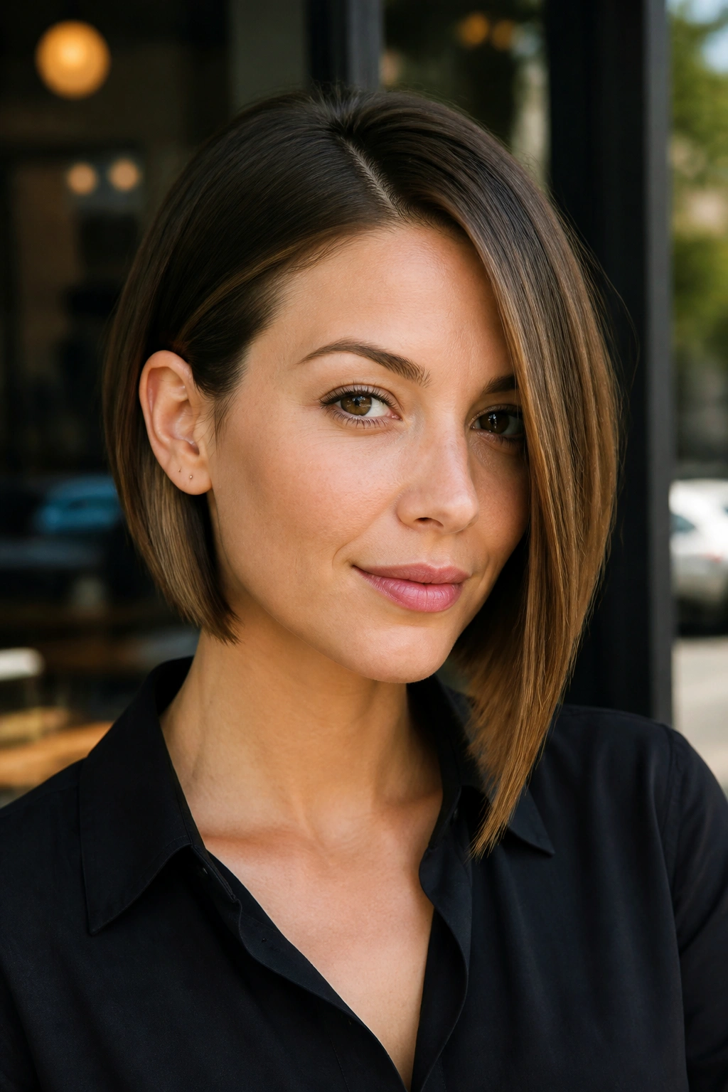 Close-up portrait of a real woman with an asymmetrical bob hairstyle.