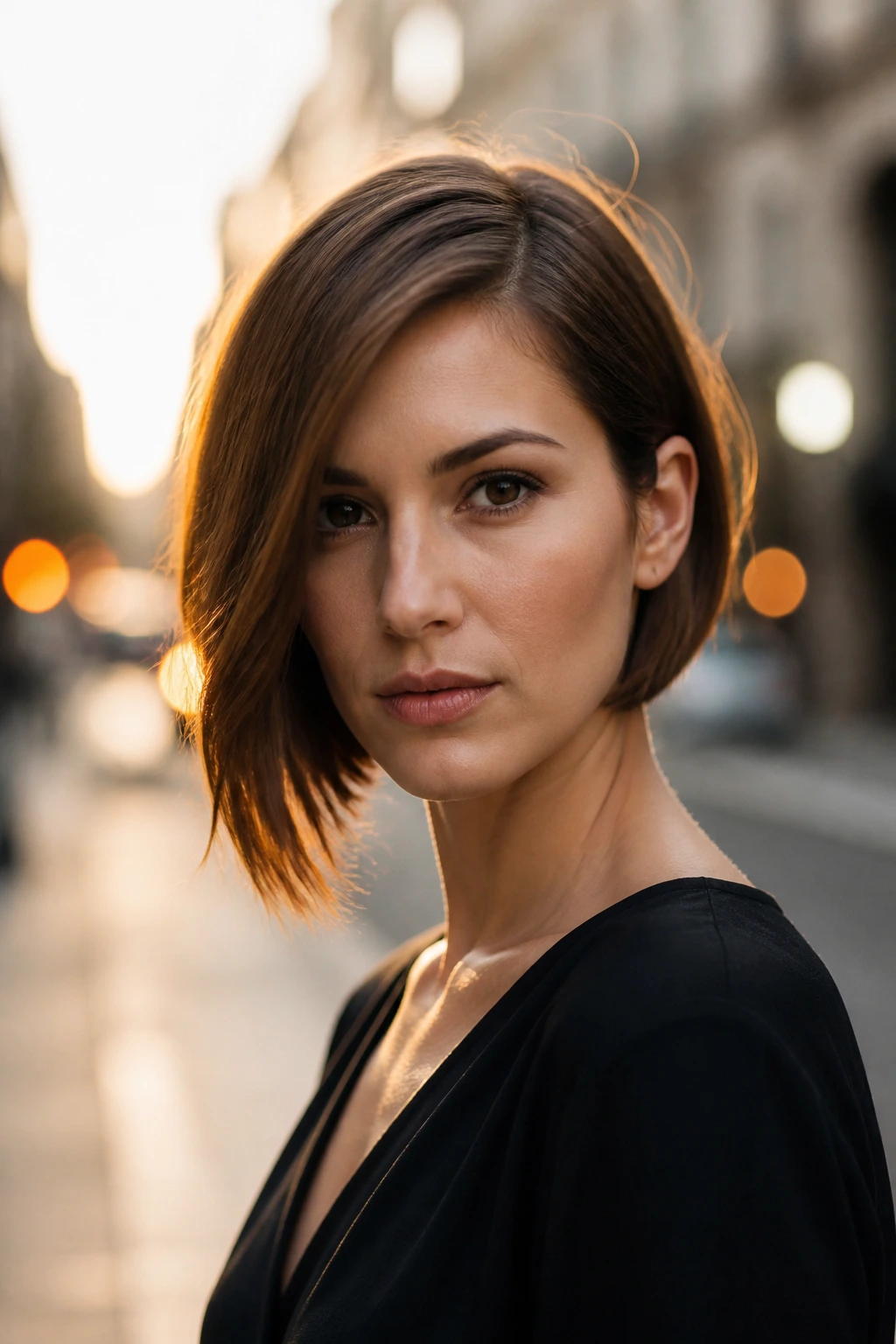 Close-up portrait of a real woman with an asymmetrical bob on an urban street at golden hour