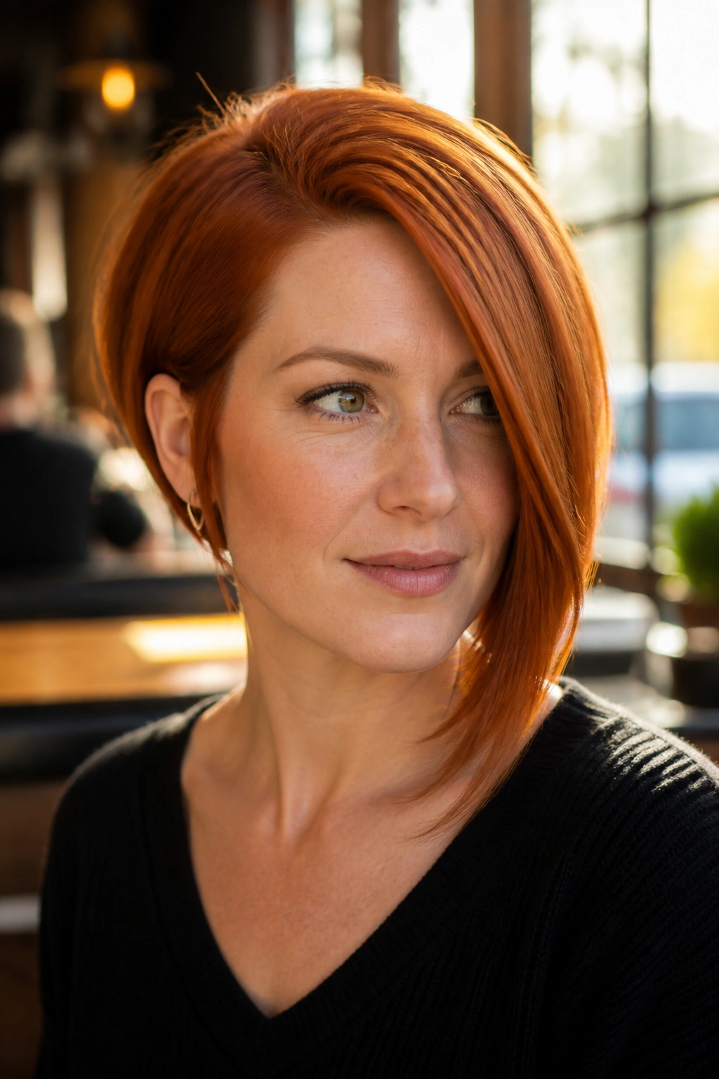Close-up portrait of a real person with an asymmetrical red bob showing longer side