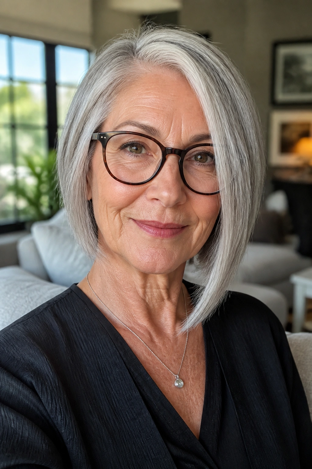 Close-up portrait of an older woman with asymmetrical bob and glasses