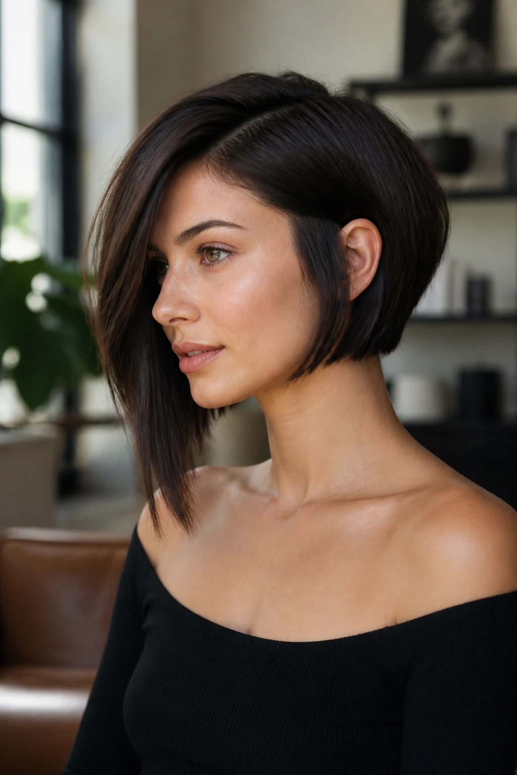 Portrait of a real person wearing an asymmetrical bob