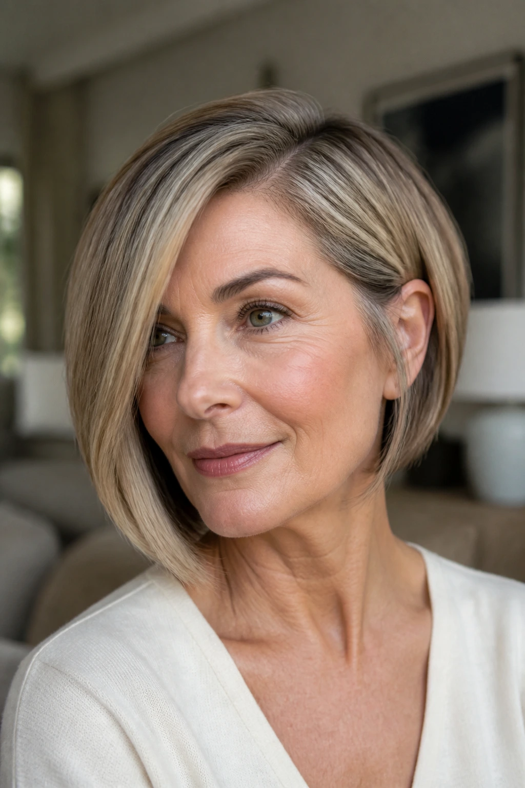 Close-up portrait of a real woman with an asymmetrical bob, one longer side, natural window light