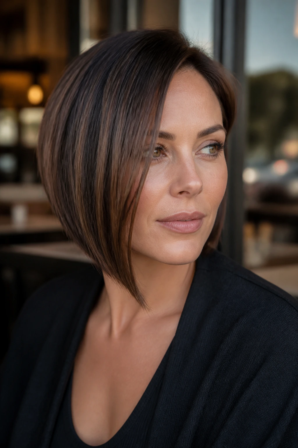Portrait of a real woman with a subtle asymmetrical bob