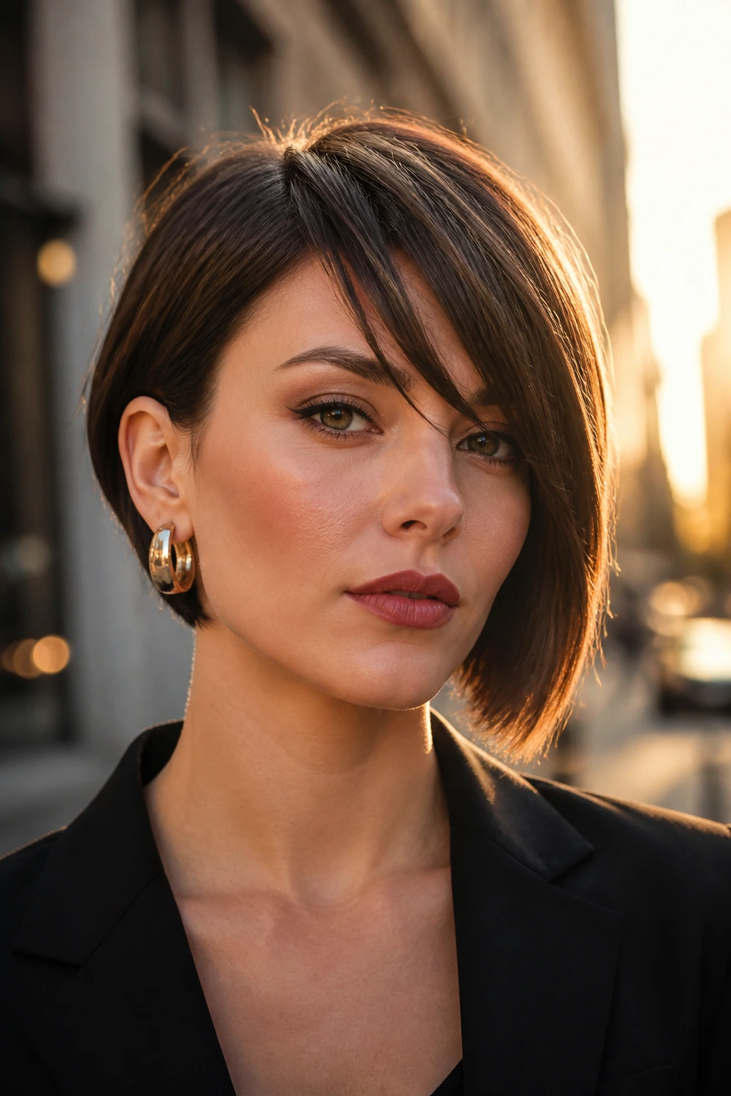 Real woman with asymmetrical bob and sharp side bangs on city street at golden hour