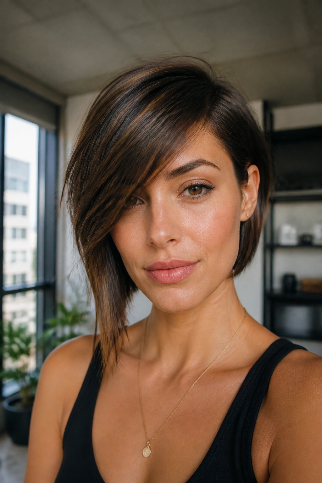 Portrait of a real woman with asymmetrical bob and side bangs in daylight urban apartment