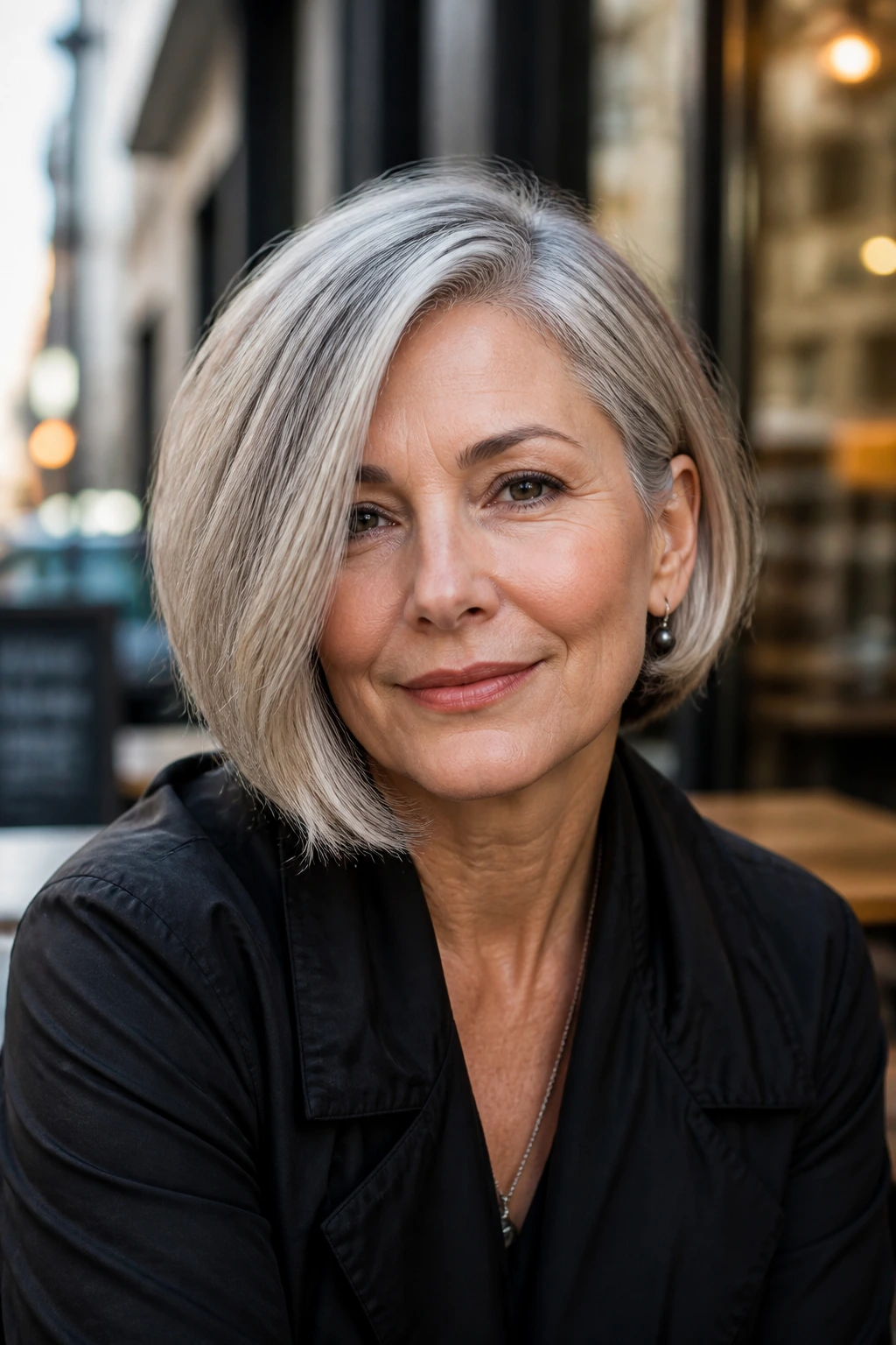 Real woman with an asymmetrical bob and side fall on urban street backdrop.