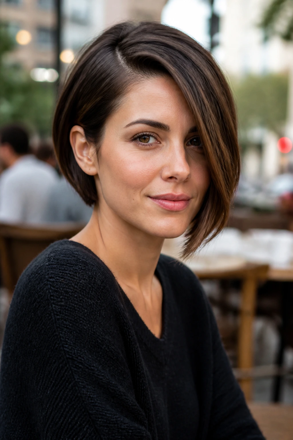 Close-up of a real person wearing an asymmetrical bob with a deep side part