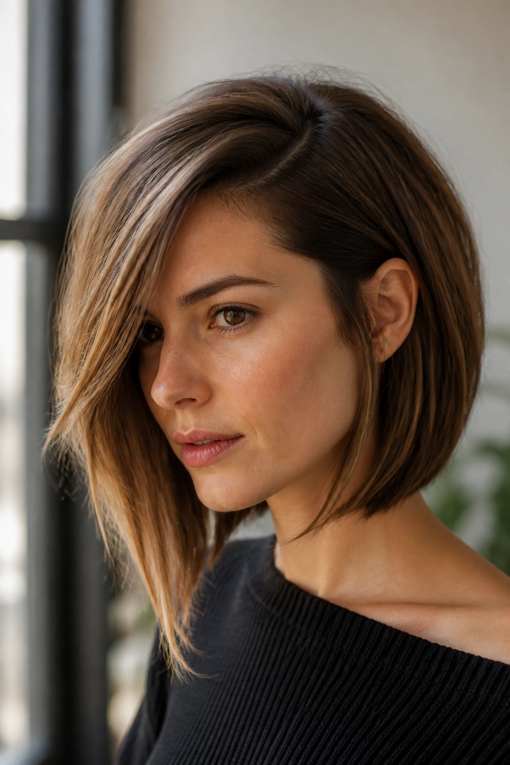 Close-up portrait of a real woman with an asymmetrical side-parted layered bob and deep sweep