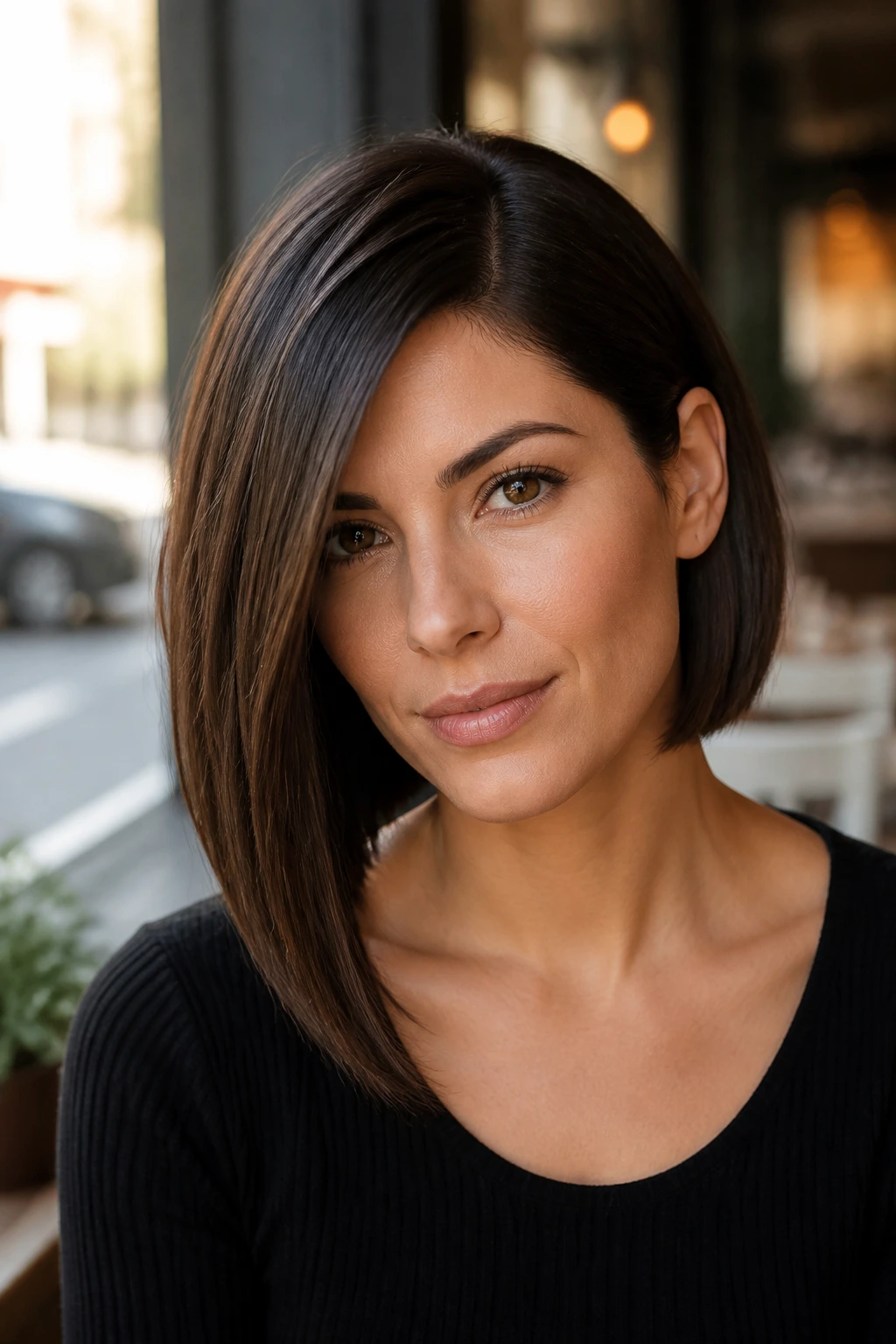 Portrait of a real woman with an asymmetrical bob and a deep side part in warm cafe light