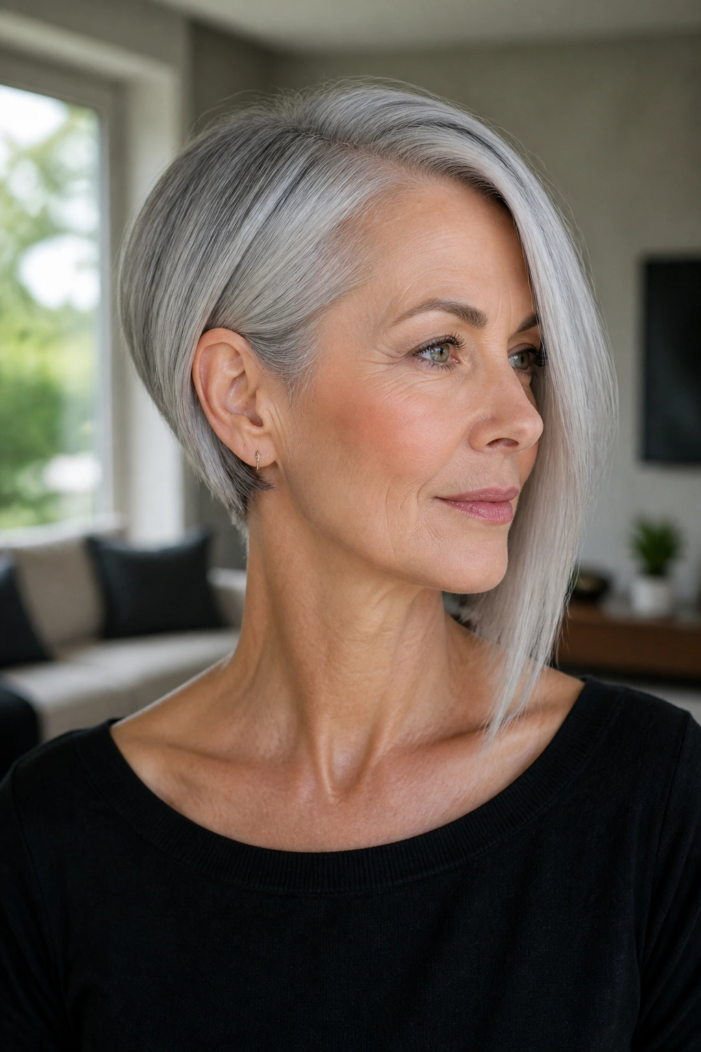 Medium close-up of a silver-haired woman with an asymmetrical bob.