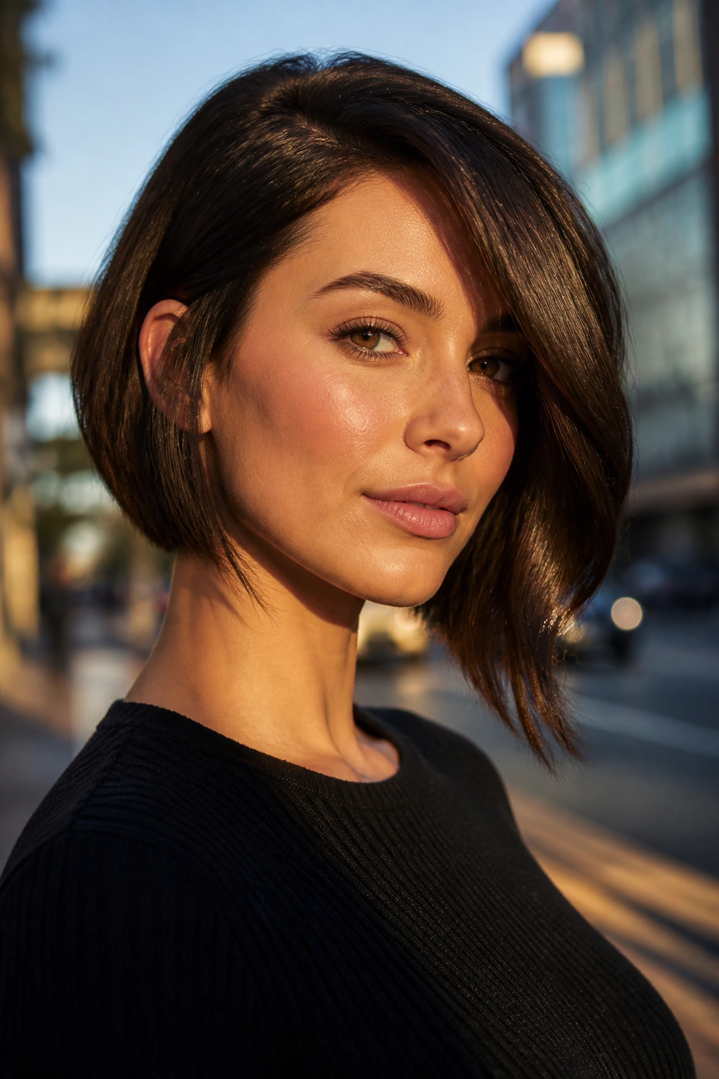 Close-up of woman with asymmetrical bob and soft bend in late-day sun
