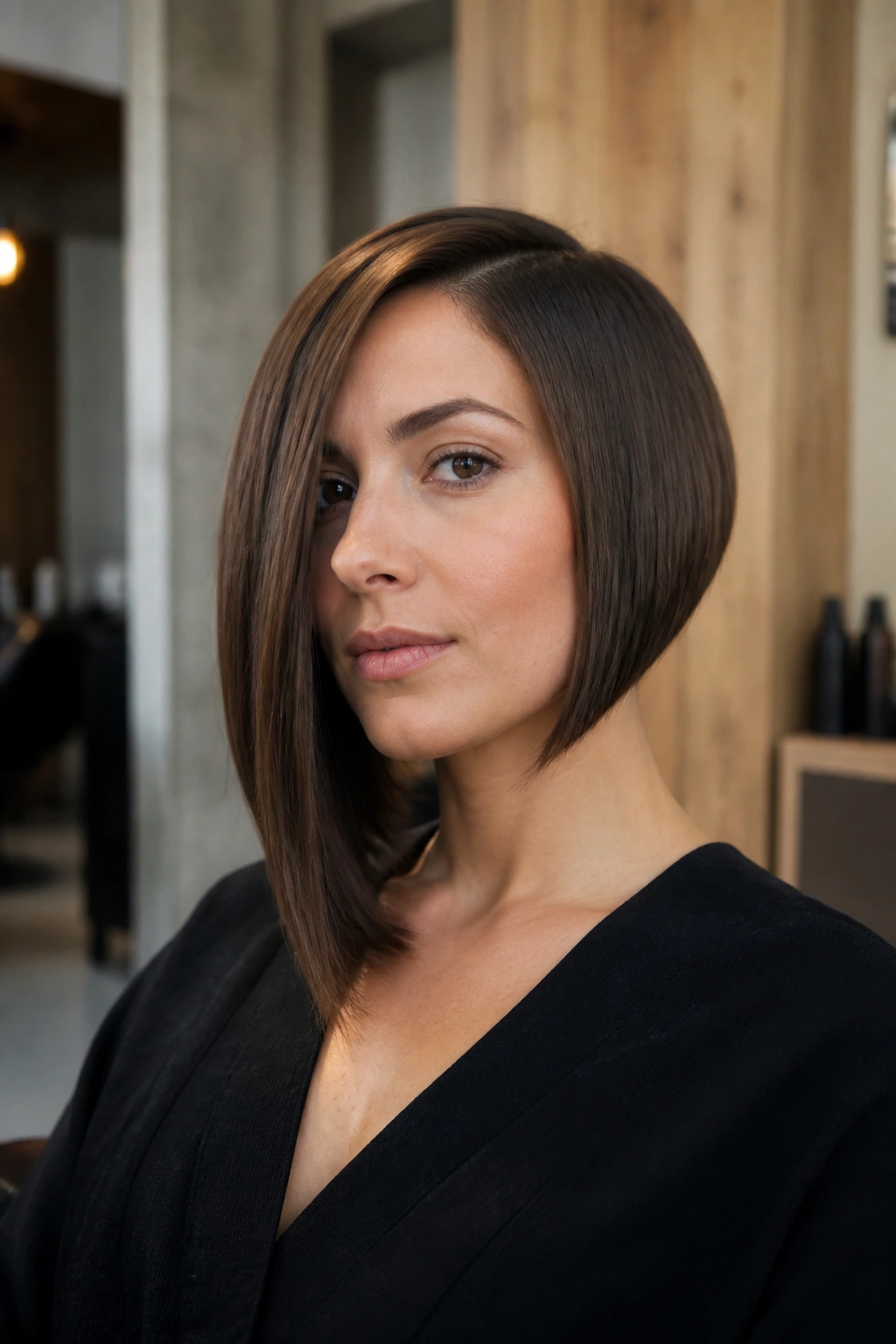 Portrait of a woman with an asymmetrical bob in a chic salon