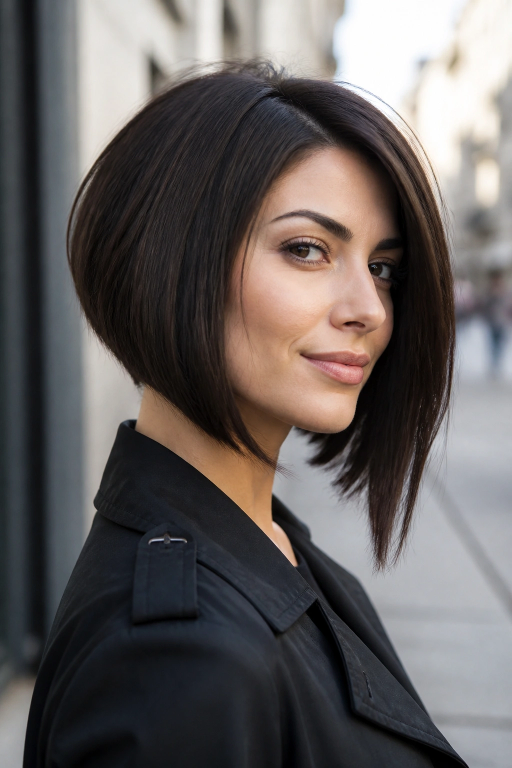 Portrait of a real woman with a subtle asymmetrical bob