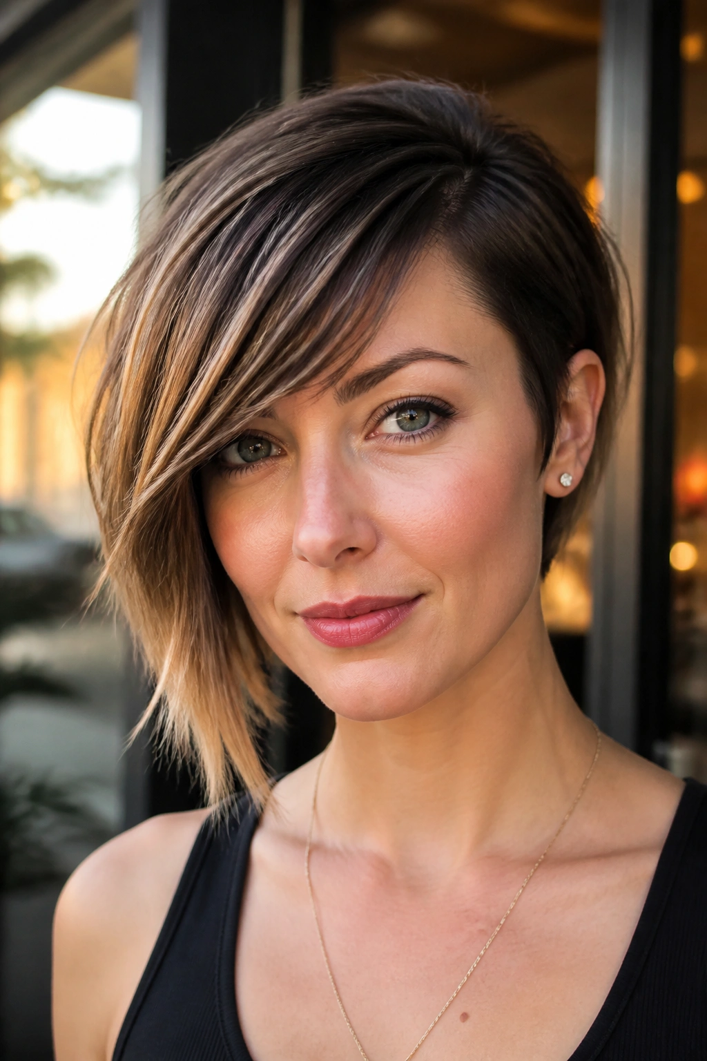Portrait of a person with asymmetrical bob and sweeping bangs on city street at golden hour
