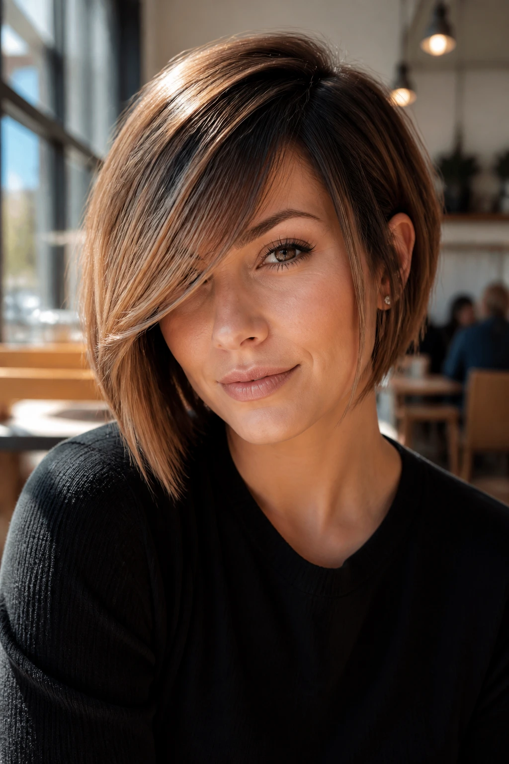 Portrait of woman with asymmetrical bob and sweeping fringe
