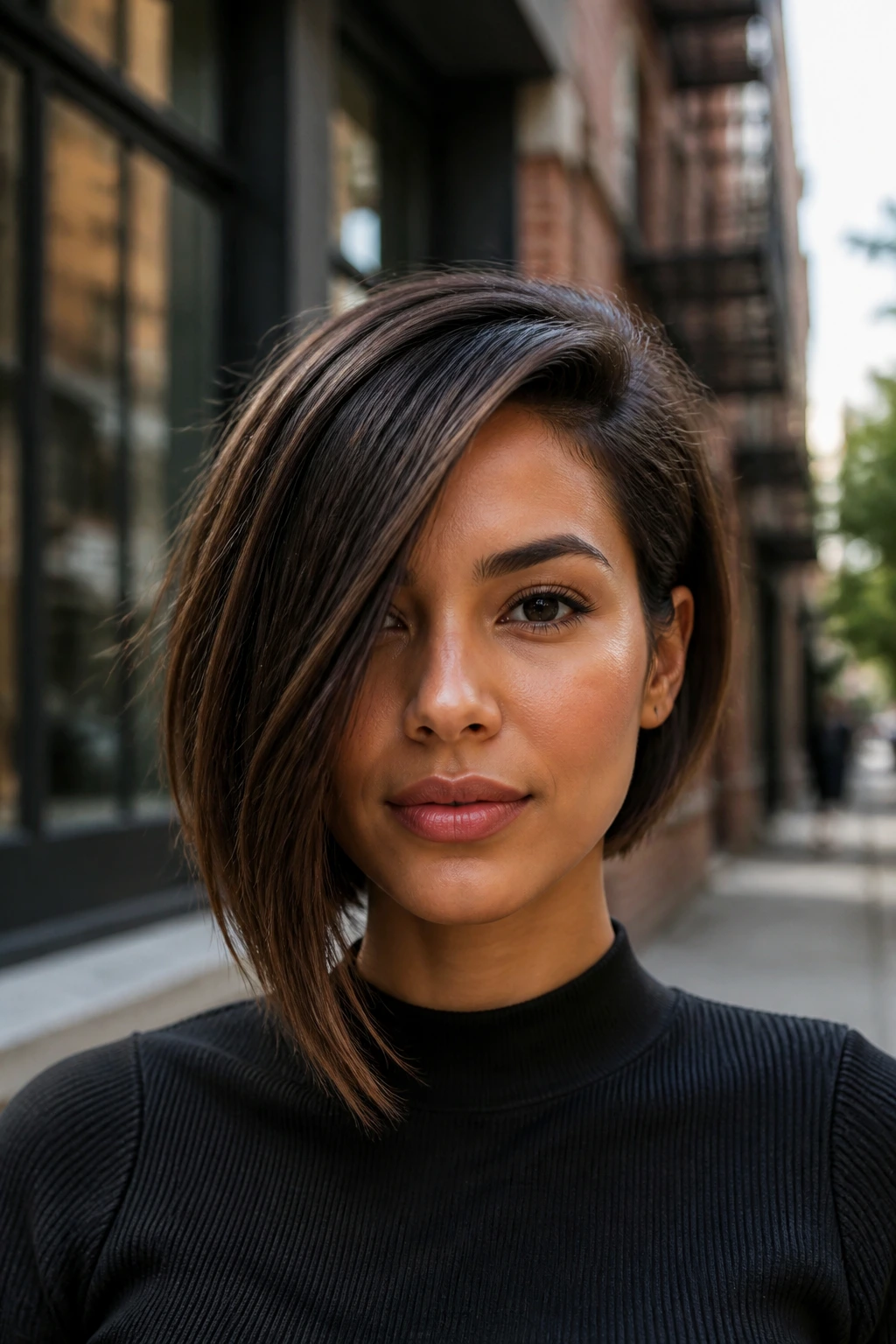 Real person with asymmetrical bob on thick hair in daylight outdoors