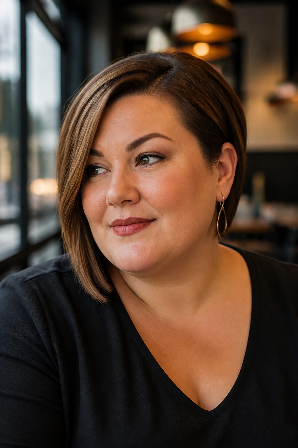 Close-up of a real woman with an asymmetrical bob and tucked side for contour.