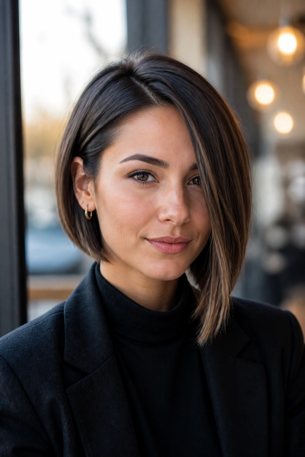 Portrait of a real woman with an asymmetrical bob, longer on one side, by a cafe window.