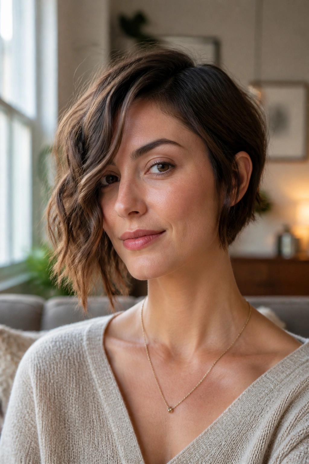 Portrait of a real woman with an asymmetrical bob and waves