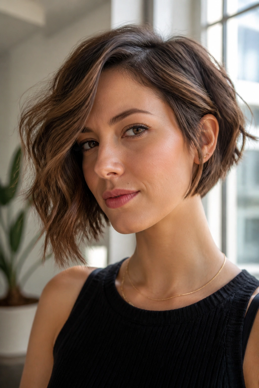 Portrait of woman with asymmetrical bob showing the longer side