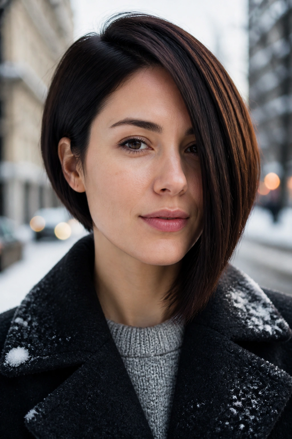 Close-up of a real woman with an asymmetrical bob in winter settings