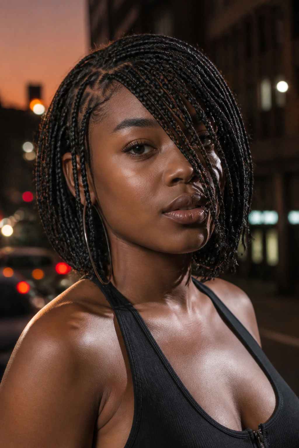 Close-up of a woman with asymmetrical short box braids and one-side fringe in dusk city lighting