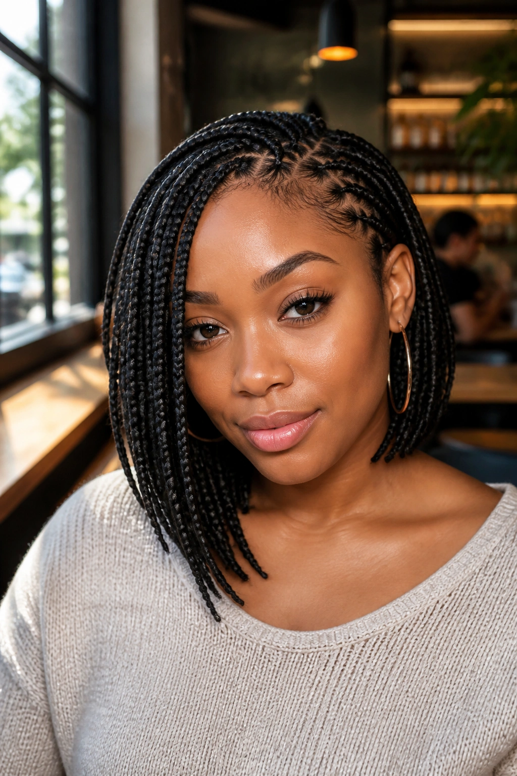 Close-up of a real woman with asymmetrical short box braids in a cafe