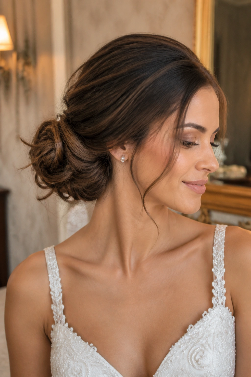 3/4 view of an off-center bun on a real bride.